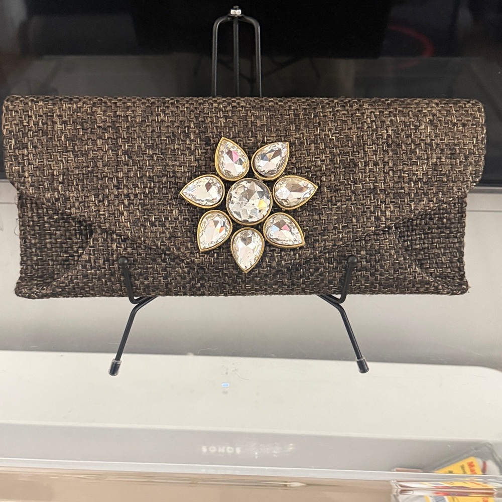 Brown tweed clutch w Gold-trim, Crystal Flower. Bag is sturdy and structured.